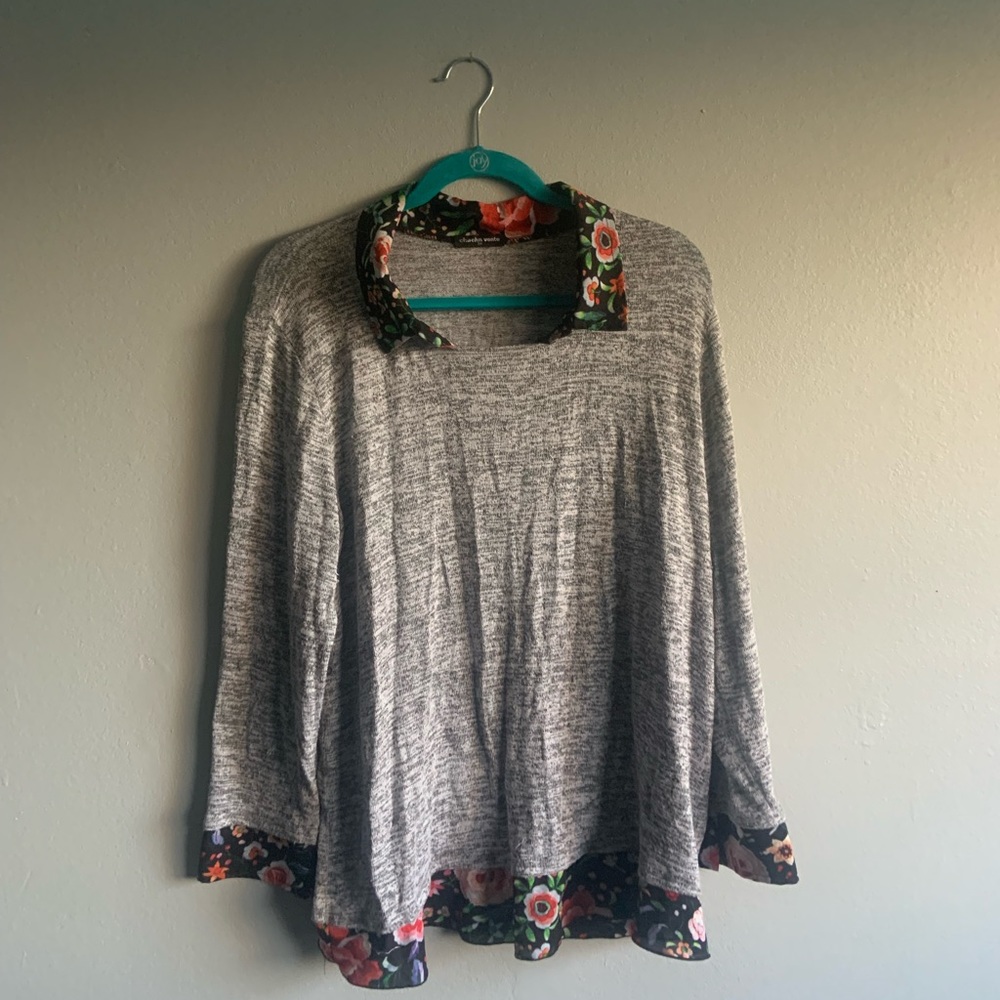 Chacha Vente Gray and Floral Collared Sweater Blouse, 1X
